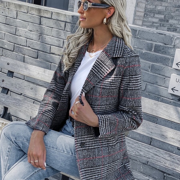 Classic Plaid Print double breasted blazer jacket coat - Picture 6 of 7